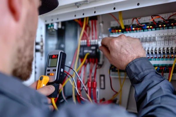 Elettricista testa un impianto elettrico esistente